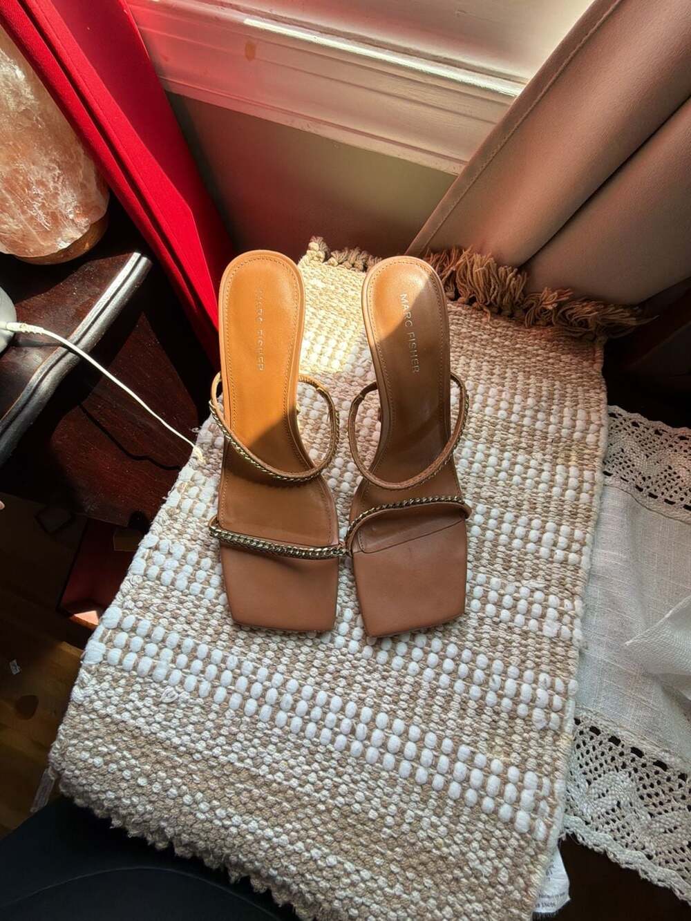 Marc Fisher Tan Chain Strap Square Toe Heeled Sandals Mules